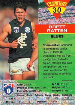 1994 Select AFL #30 Brett Ratten Back